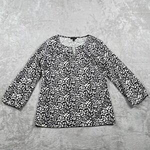 Talbots Women's XS Black White Floral Print 3/4 Sleeve Blouse Top